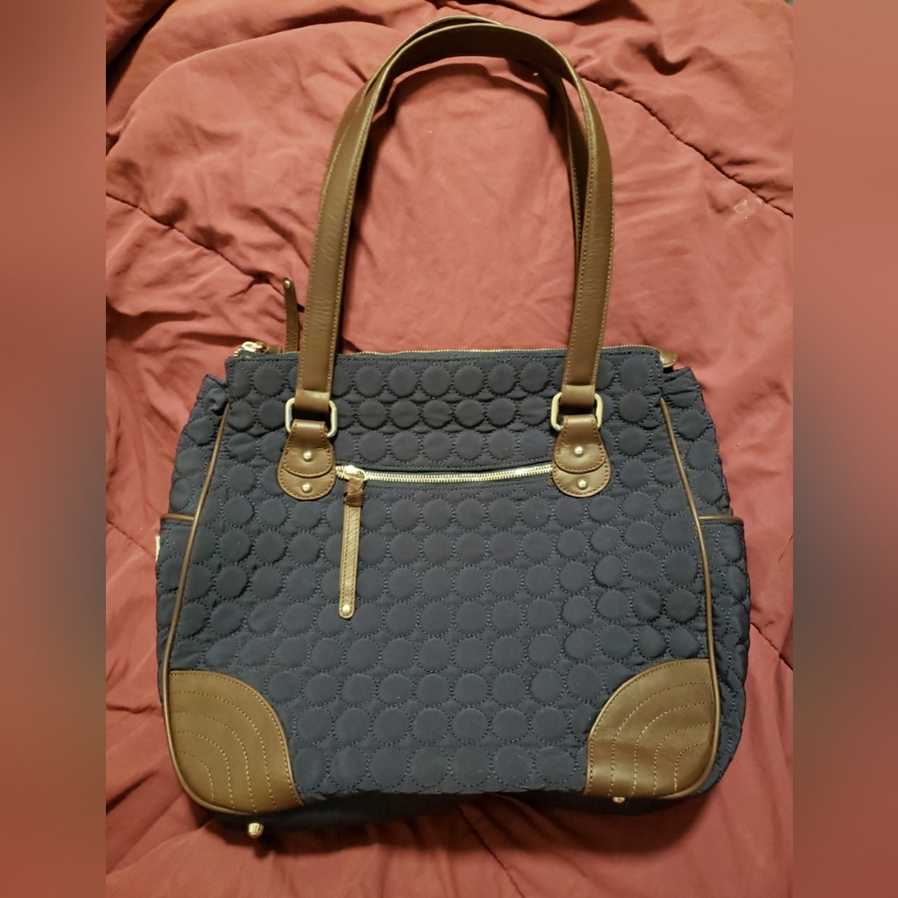 Vera Bradley Quilted  Tote Purse Blue Leather Trim EUC